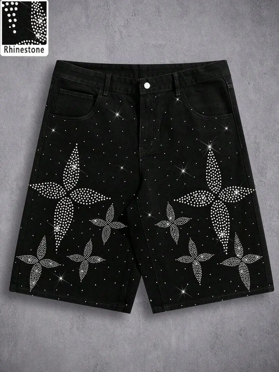 Men shorts - Men's Rhinestone Denim Shorts, Distressed Black And White Jeans, Hip Hop Streetwear Summer Outfits summer clothing trending clothing trending clothes male clothing summer clothes shorts for the summer vacation outfits streetwear Menswear