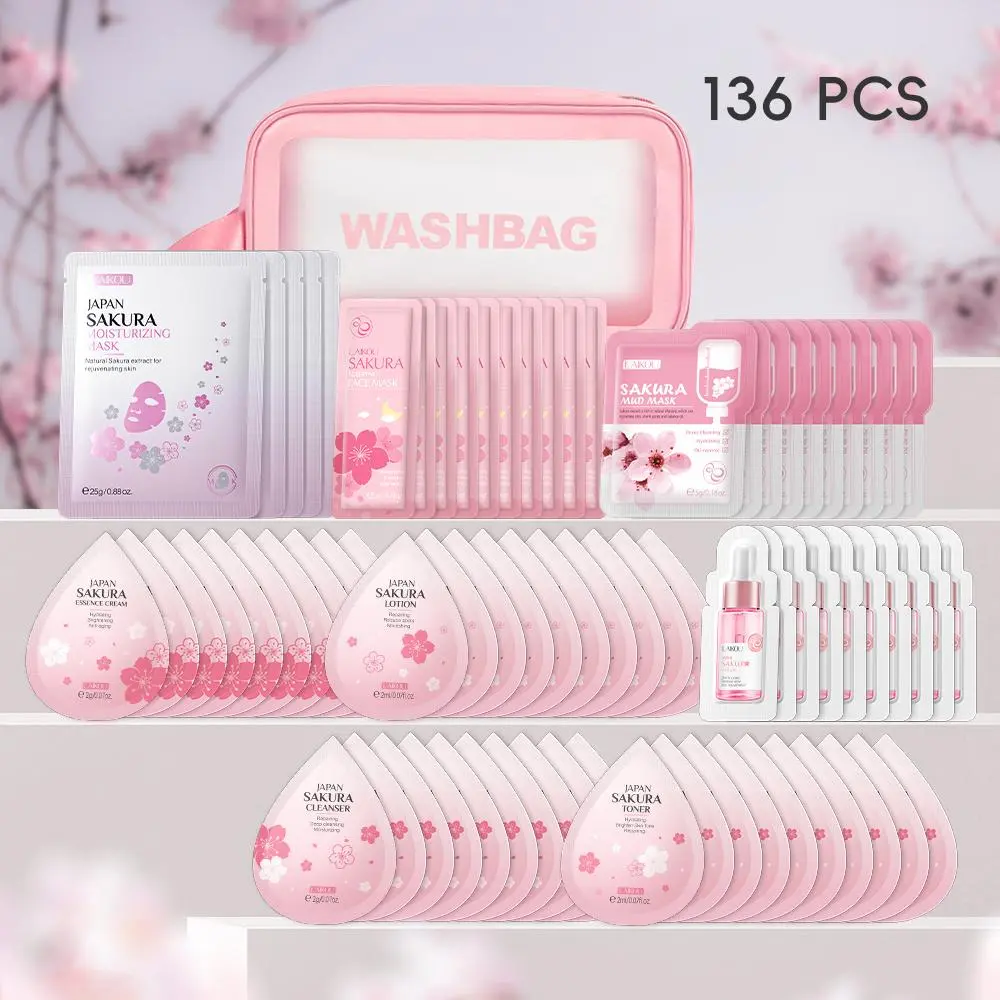 Sakura Skin Care Travel Coffret Set with Organizer Bag, Ultimate Glow Kit, Skin Care Sets, 136pcs/set Facial Cleanser & Toner & Serum & Cream & Masks, Skin Care Kit for Women & Men, Moisturizing