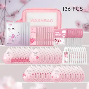Sakura Skin Care Travel Kit with Organizer Bag, Skin Care Sets, 136pcs/set Facial Cleanser & Toner & Serum & Cream & Masks, Skin Care Kit for Women & Men, Moisturizing