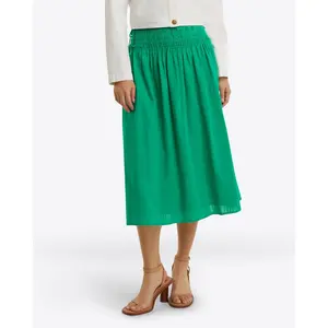 Smocked Waist Midi Skirt in Cotton Dobby
