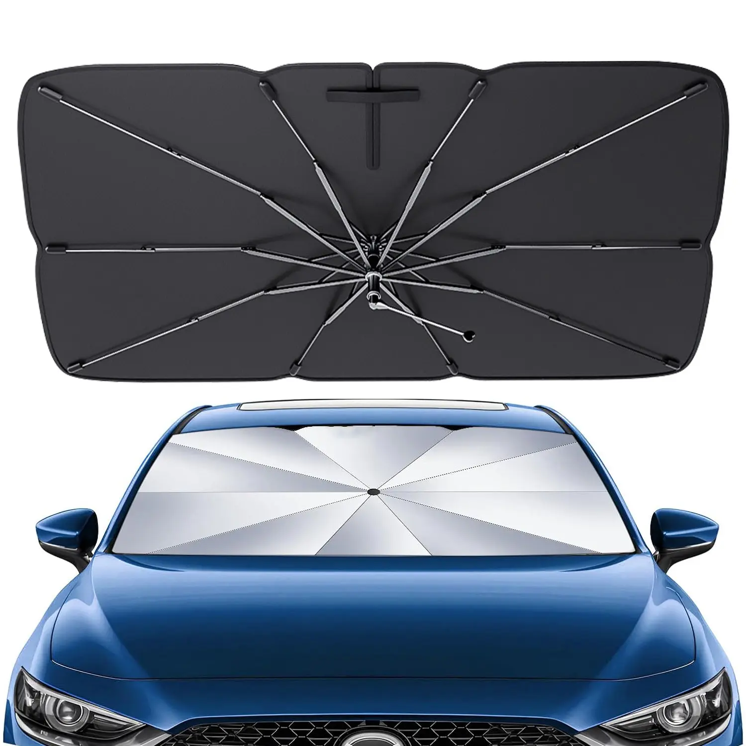 Car Windshield Sun Shade Umbrella, Double Layer Heat Insulation UV Blocking Foldable Sun Visor, 360° Rotatable Handle for Most Cars, SUVs, Pickups