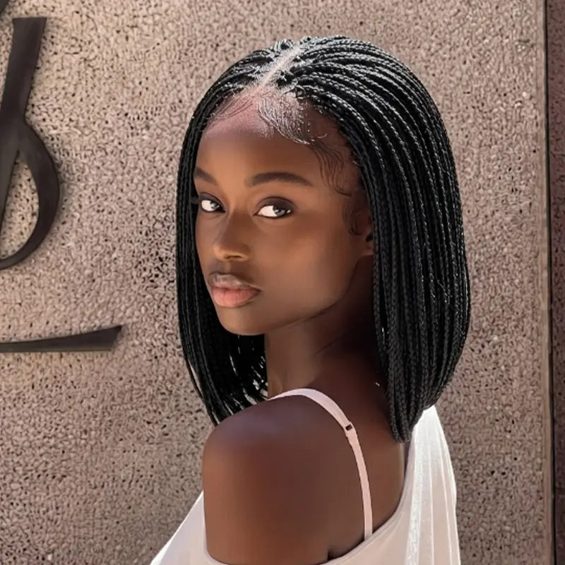 12 Inch Short Bob Micro Box Braids Lace Front Glueless Wig Synthetic African Braided Wig for Black Women With Golden Cuffs Natural Hairline Lightweight Daily Protective Hairstyle #BobBraids #HairTok #BoxBraids