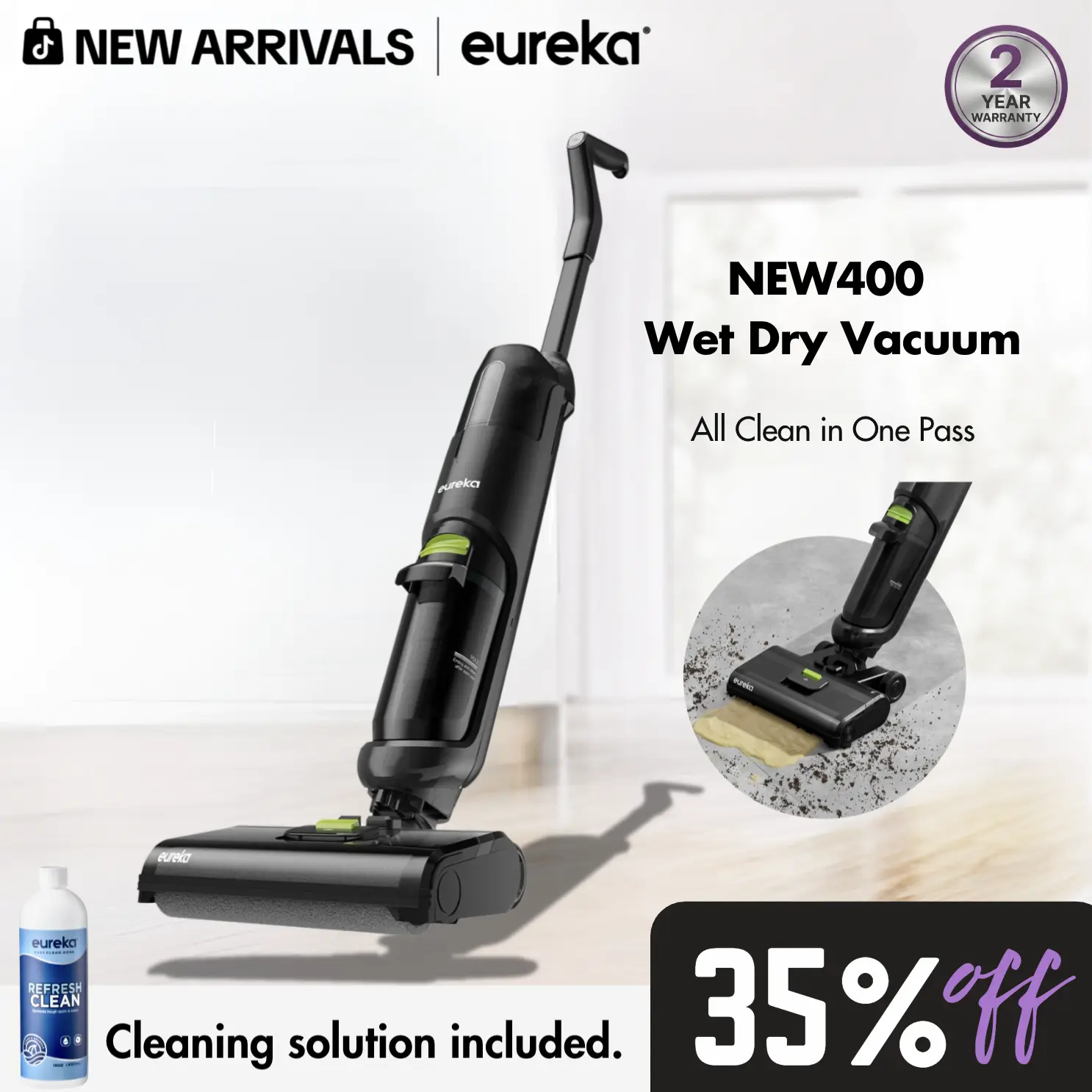 Eureka NEW400 Cordless Wet-Dry Hard Floor Cleaner - 2-in-1 Cordless Vacuum Mop, Self-Propelled, Self-Cleaning, Multi-Surface, Sticky Mess Cleaning, Durable Household Vacuum & Floor Care Appliance, DealsForYouDays