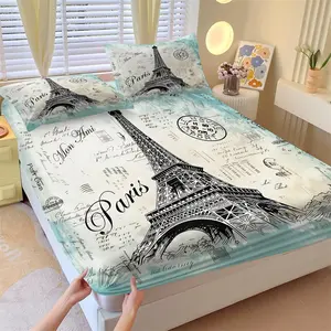 Vintage Paris Eiffel Tower Fitted Sheet Set & 2 Pillowcases No Core, Vintage Postcard-Style Hand-Drawn Eiffel Tower, Soft Anti-Slip Wrinkle-Resistant Bedding, Women's Romantic Bedroom Decor, Gift Choice
