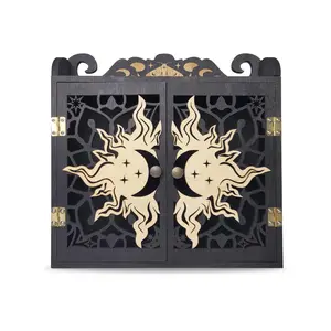 FNYDOX Gothic Black Rock Display Shelf with Sun Crescent Moon Carvings for Crystals Gemstones Essential Oils Nail Polish & More 11.8"x2.8"x11.8" Stable Decorative Storage Cabinet Gift Kitchen Racks Organiser Room Boho Star