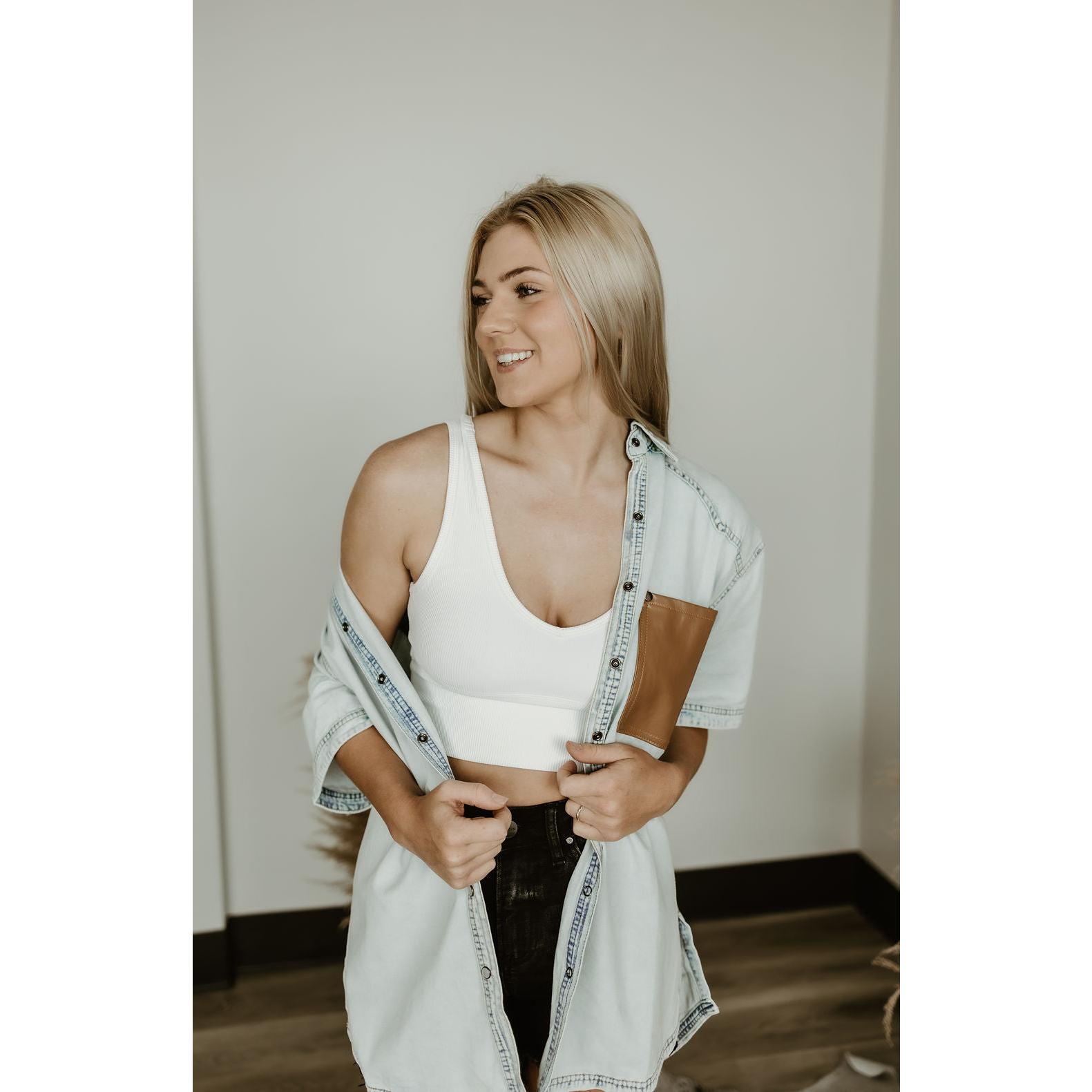 Pearl Snap Button Up Top With Leather Pocket Detail