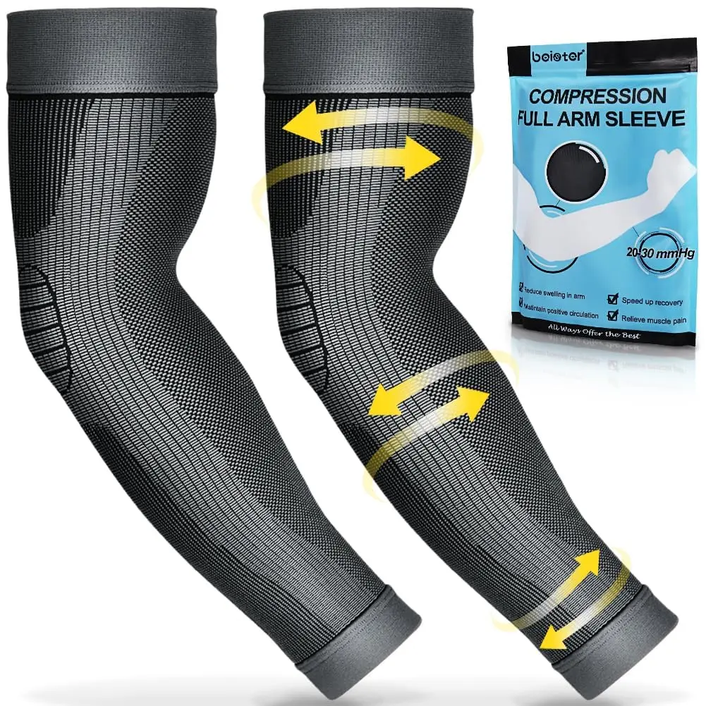 Unisex Full Sleeve Compression Arm Sleeves (1 Pair), 20-30 mmHg Nylon Blend Support with Non-Slip Elastic Bands for Volleyball & Golf