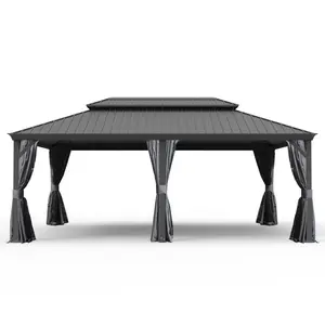 14' X 20' Hardtop Gazebo, Upgraded Metal Gazebo with Drainage System, Dual-Layer Galvanized Steel Roof, Curtain and Netting, Outdoor Shelter Canopy for Patio, Garden, and Backyard, Grey On-Site