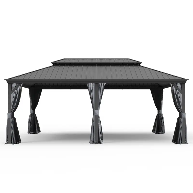 14' X 20' Hardtop Gazebo, Upgraded Metal Gazebo with Drainage System, Dual-Layer Galvanized Steel Roof, Curtain and Netting, Outdoor Shelter Canopy for Patio, Garden, and Backyard, Grey On-Site
