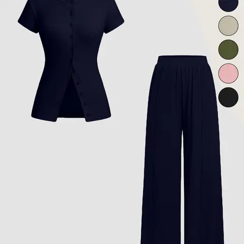 Women's Solid Color Knit Button Front Fitted Top & Wide Leg Pants, Basic Casual Minimalist Two-piece Clothing Sets for Daily Wear, Ladies Clothes for All Seasons, Womenswear Trouser Sleeve