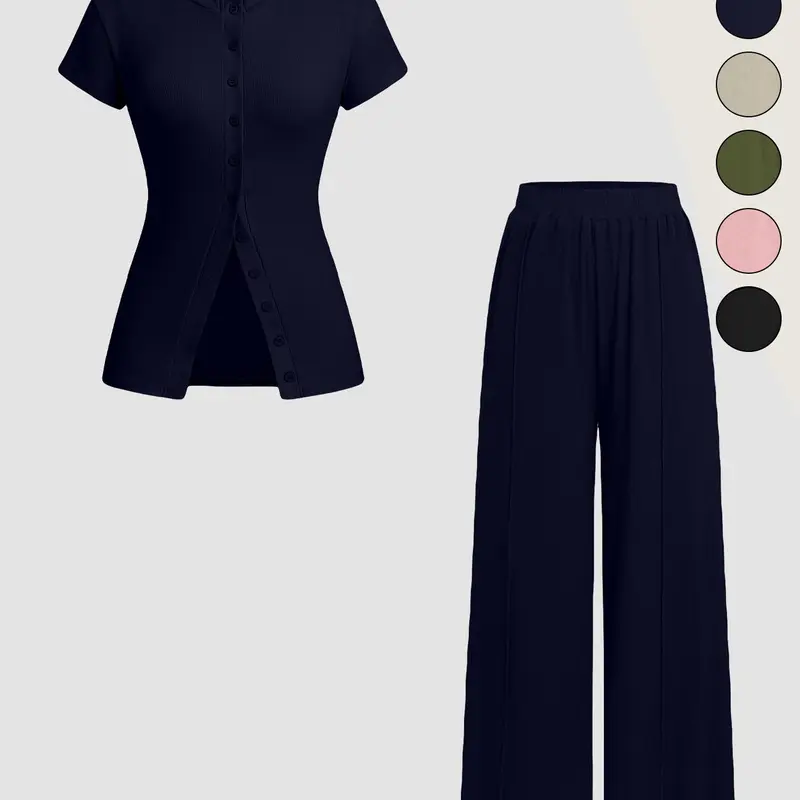 Women's Solid Color Knit Button Front Fitted Top & Wide Leg Pants, Basic Casual Minimalist Two-piece Clothing Sets for Daily Wear, Ladies Clothes for All Seasons, Womenswear Trouser Sleeve
