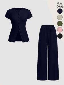women's solid color button front top & wide leg pants, casual two-piece set for daily wear, ladies clothes for all seasons, womenswear