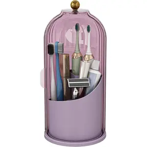 Makeup Brush Holder with Lid 360 Rotating Clear Dustproof Organizer for Vanity Bathroom Countertop Cover Decoration Toothbrush Sliding Door 3 Sections Space Saving Easy to Put Together Washable Design