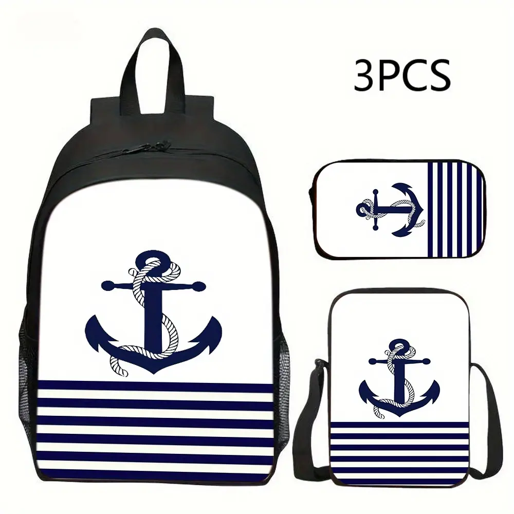 Anchor 3-piece backpack set, includes 1 shoulder bag + 1 crossbody bag + 1 pencil case, essential for travel, a great gift for back to school