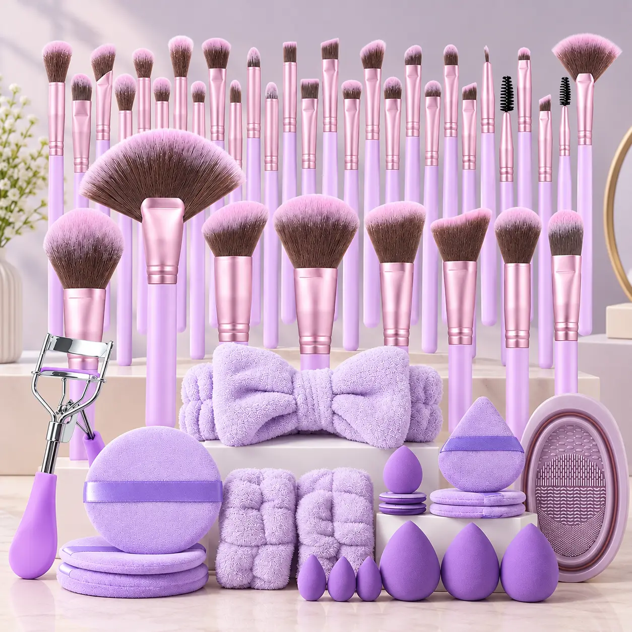 56 Piece Purple Makeup Tools Kit with Face Makeup Brushes, Eye Shadow Brushes, Beauty Sponges, Powder Puffs and Cosmetic Accessories for Everyday Makeup, Blending, Contouring and Beauty Care
