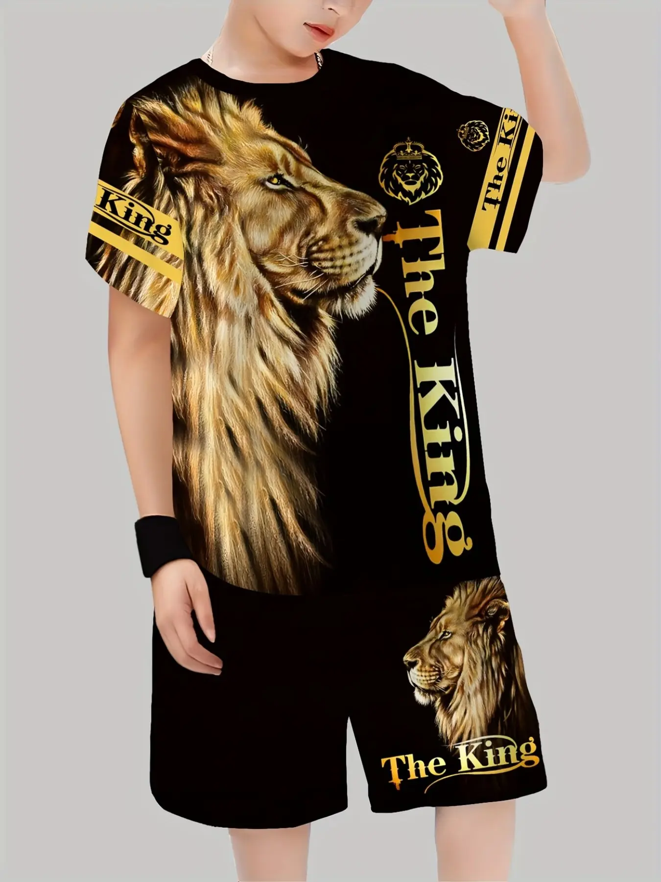 Boys' Lion Print Set, Outfit, Suits, Crown Element, Casual Fitted, All Seasons Wear, Outdoor Fashion, Shorts, Graphic Print Set, Outfits Set