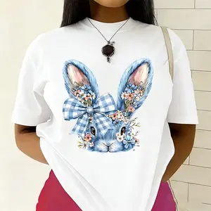 Women's Classic Cotton Short-Sleeve Round Neck Printed Top - Floral Bunny with Bow Illustration, Cute Easter Spring Apparel (Fabric: Breathable Cotton)