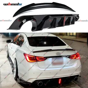 For 2018-2024 Infiniti Q50 2PCS Spoiler Set - Rear Bumper Diffuser & PSM Trunk Spoiler - Gloss Black/Carbon Fiber Look