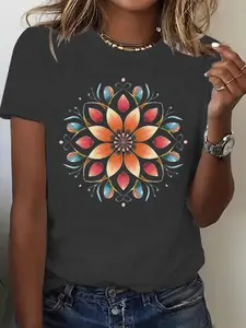 Women's Summer Casual Vintage Fitted Round Neck Short Sleeve T-Shirt, Abstract Floral Geometric Print, Comfortable Breathable Fabric Top, S-Xxl Sizes