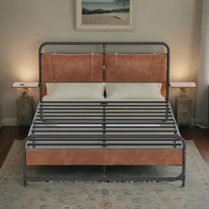 HOLDOLIFE Queen Size Smart Bed Frame with Upholstered Headboard & Bedside Table, LED & Wireless Charging & USB Port, Noise Free, Brown