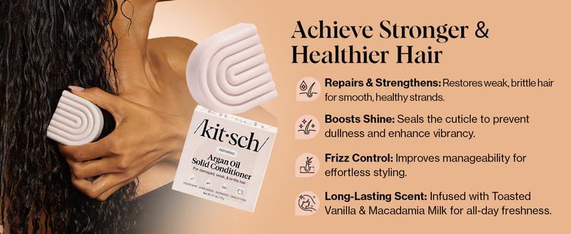 Kitsch Repairing Argan Oil Solid Conditioner Bar for Hair Care – Vegan, Made in USA, Paraben-Free for Damaged, Weak, and Brittle Hair, 2.7 oz