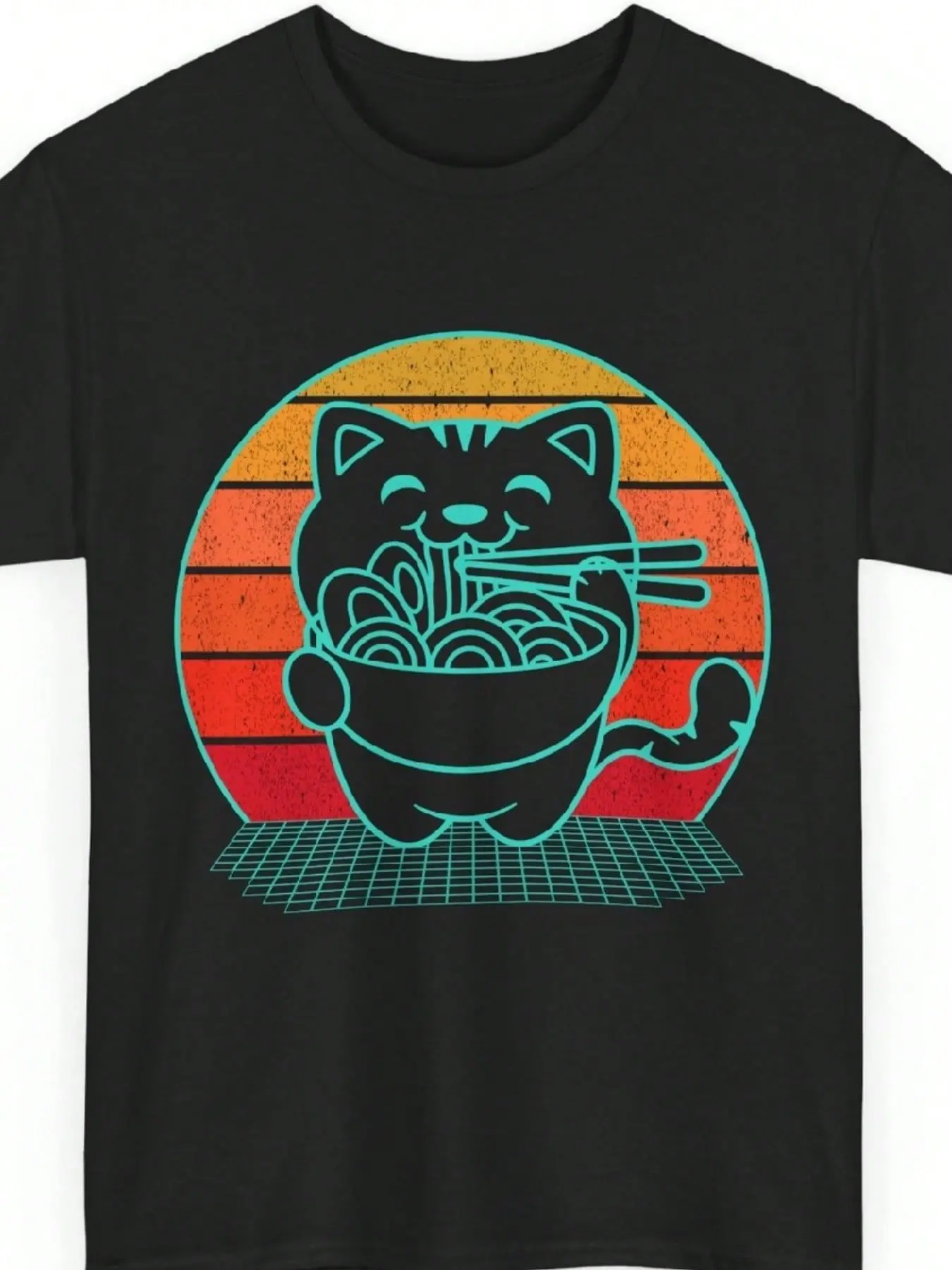 Unisex Kawaii Anime Cat Ramen Graphic T-Shirt, Japanese Noodles Synthwave Casual Short Sleeve Top For Men Women