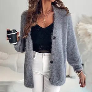 ChicMe 2026 Women's V-Neck Single Breasted Fuzzy Cardigan Casual Sweater Coat