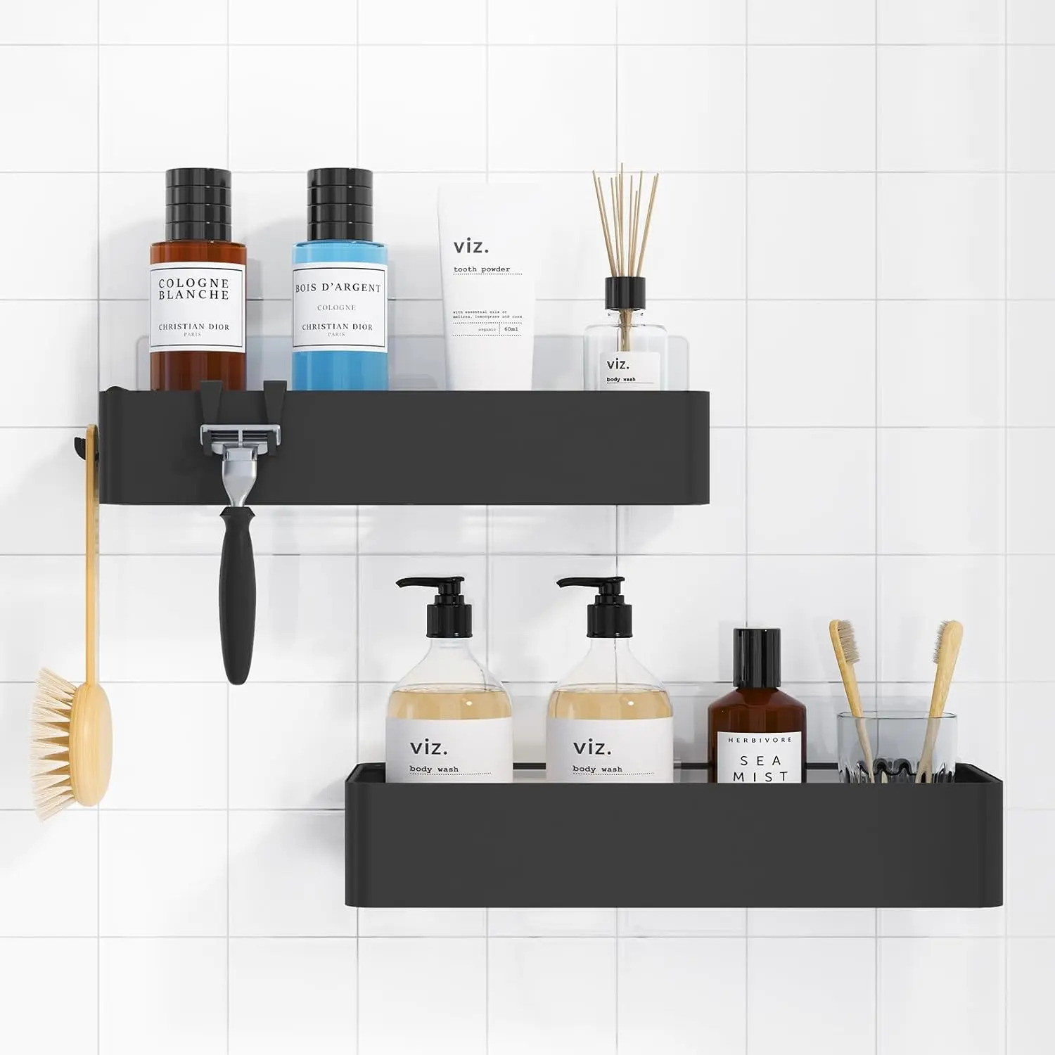 Shower Caddy - 2 Pack Adhesive Shower Organizer, Rustproof Metal Shelves, No-Drill Bathroom Organizers and Storage, Black, Large