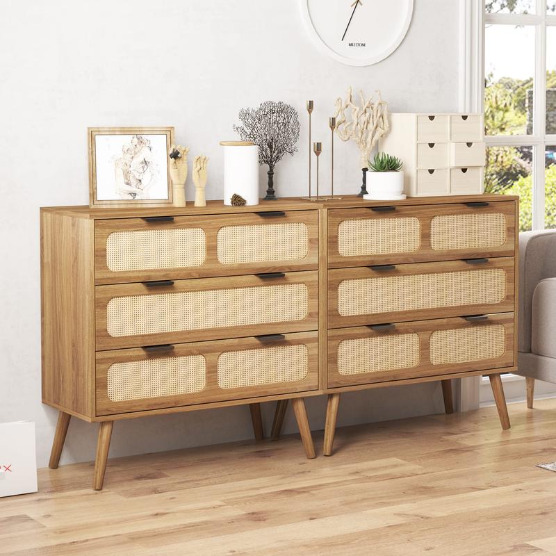 Giratree 3 Drawer Dresser, Modern Rattan Dresser Chest with Wide Drawers and Metal Handles, Farmhouse Wood Storage Chest of Drawers for Bedroom, Living Room, Hallway, Entryway