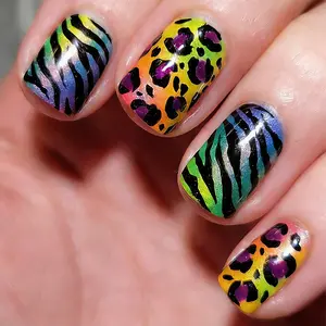 24pcs Y2K Short Square Nails, Leopard Zebra Pattern, Neon Gradient Animal Print, Includes Jelly Glue & File, Press-On False Nails, Nail Art, DIY Nails
