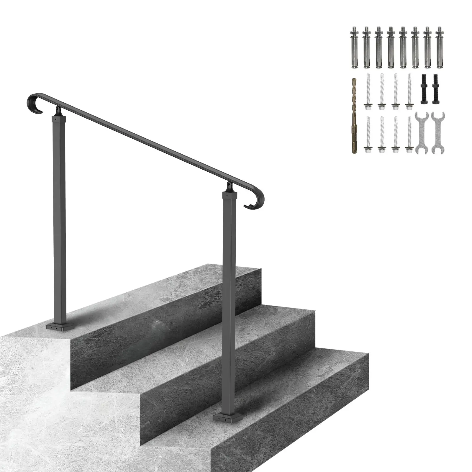【Summerfinds】VEVOR Handrails for Outdoor Steps, Fit 1-3 Steps Wrought Iron Handrail, Outdoor Stair Railing, Adjustable Front Porch Hand Rail, Black Transitional Hand railings for Concrete Steps or Wooden Stairs