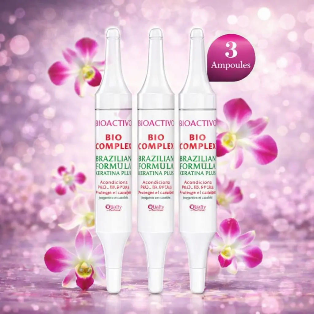 Bio Complex Bioactivo Brazilian Keratin Hair Ampoules, Flawless Smoothing Liquid Treatment for Frizz Control & Silky Shine, 3-Pack, 18mL