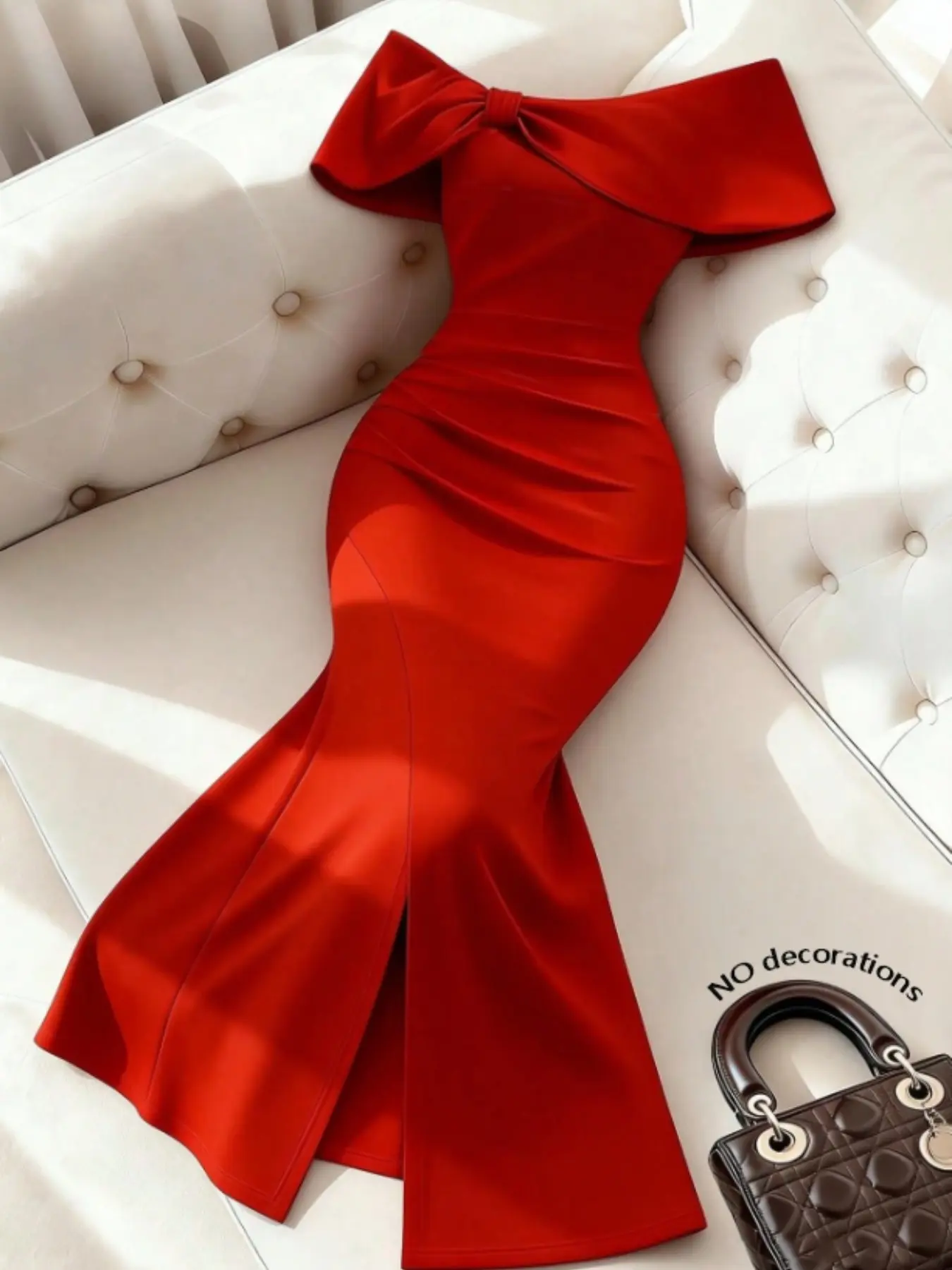 Elegant Summer Strapless Long Dress, Chic, Formal, Evening Party Gown, Womenswear, High Slit Hem, Ruched Chest, Butterfly Knot, Perfect for Parties, Beach, Office, Daily Wear