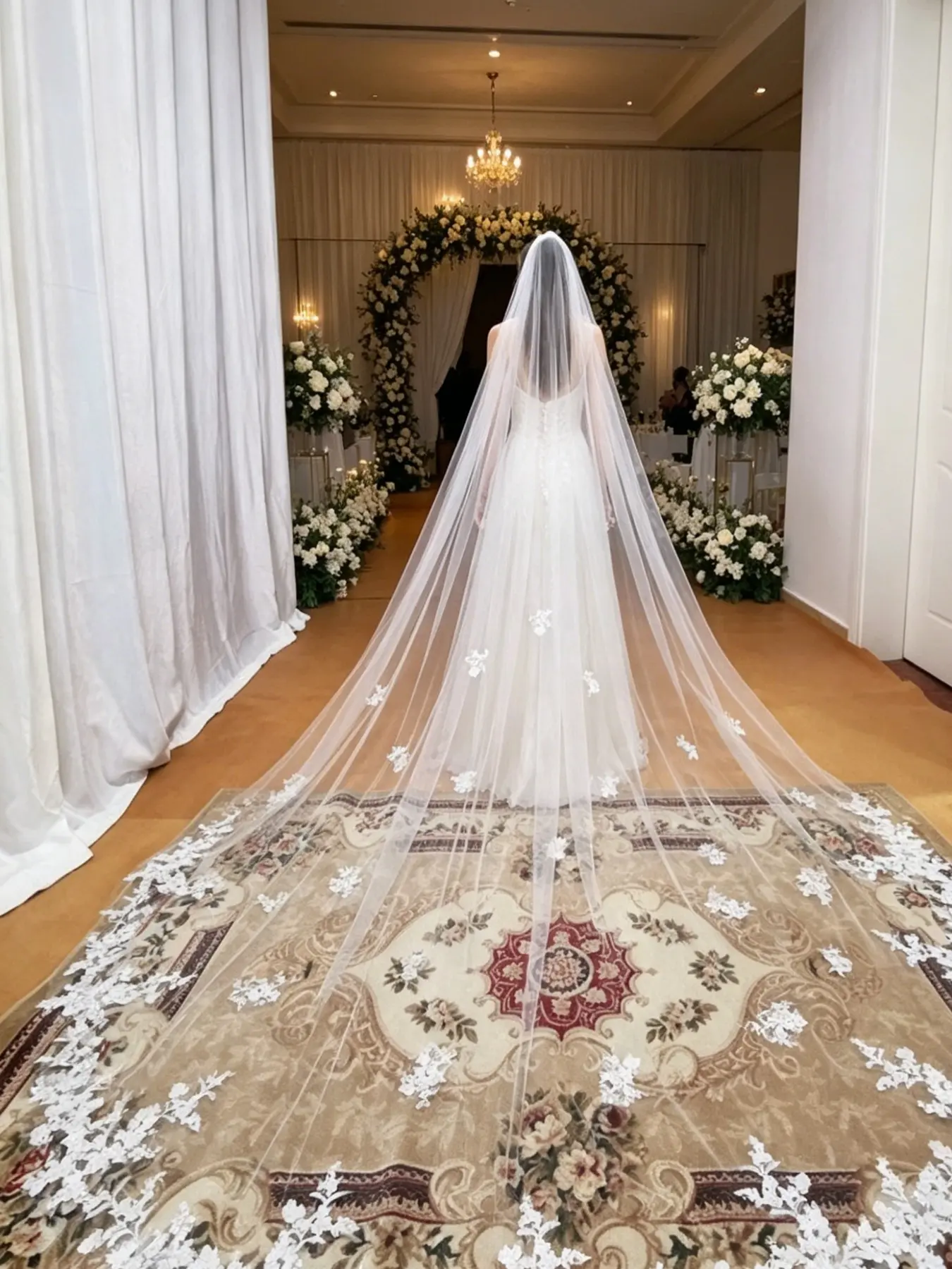 European and American Wedding Headpieces and Veils, Western Wedding Veil, Long Floor-Length Bridal Veils, Trailing Veil, Elegant Print Design, All Seasons Wear