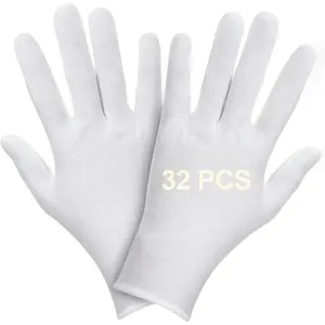 32PCS (16 Pairs) Thin White Gloves for Dry Hands Sleeping, Breathable White Glove with Elastic Cuff for Overnight Treatment, Eczema, Spa, Work, Inspection (One Size Fits Most)