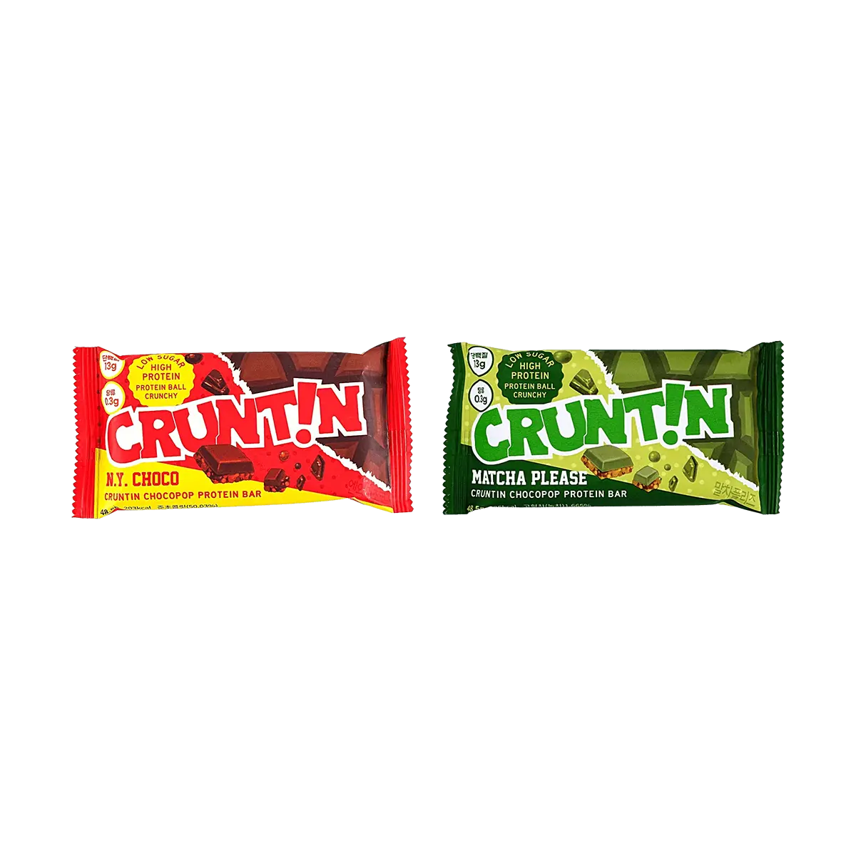 CRUNTIN Korean Matcha & New York Chocolate Protein Bar Combo Pack - 48.5g x 2 Servings | Low Sugar, High Protein, Meal Replacement, Keto Friendly, Olive Young