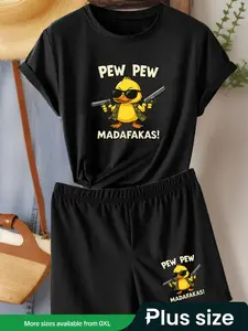 【Plus Size】 Two-Piece Set  Cartoon Duck Print Tee & Shorts Set, Casual Comfy Round Neck Short Sleeve T-shirt & Shorts, Women's Sleepwear for Summer, Loungewear, Sleep Pajamas Shorts