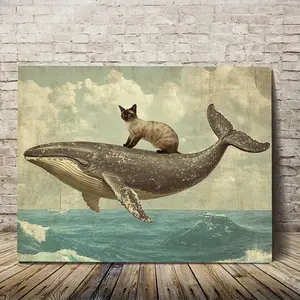 A Unique Style Siamese Cat and Whale Mural - Simple 2D Wooden Frame, Perfect for Bedroom and Living Room Decoration, Bedroom Wall Decor|Weird Artwork|Wooden Frame Art, Cat Decoration