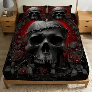 2/3Pcs Death And Rose Pattern Fitted Sheet Set(1*Fitted Sheet+1/2*Pillowcase, No Filling),High-Definition Digital Printed ,100% Polyester Fiber,Machine Washable,With Zipper,A Perfect Gift For Family And Friends All Year Round!