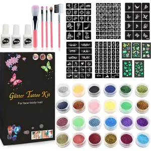 Temporary Glitter Tattoo Kit, 24 Glitter Colors Glam Pack Glitter Tattoo Kit,With Unique Stencils,Glue,Brushes,Stickers, Glitter Tattoos,Adults,Boys Girls Birthday Party,Christmas gift