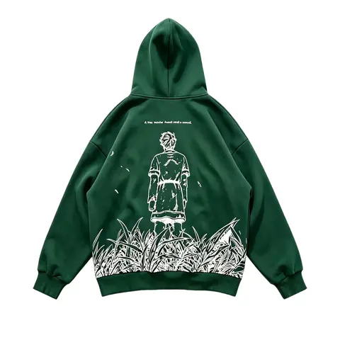 Men's Vinland Saga Anime-Inspired Thorfinn Printed Hoodie - Forest Green Long-Sleeve Embroidered Sweatshirt, Comfortable Casual Winter Streetwear Tops with Perfect Fit for Otaku Finds, No Excess Bulk