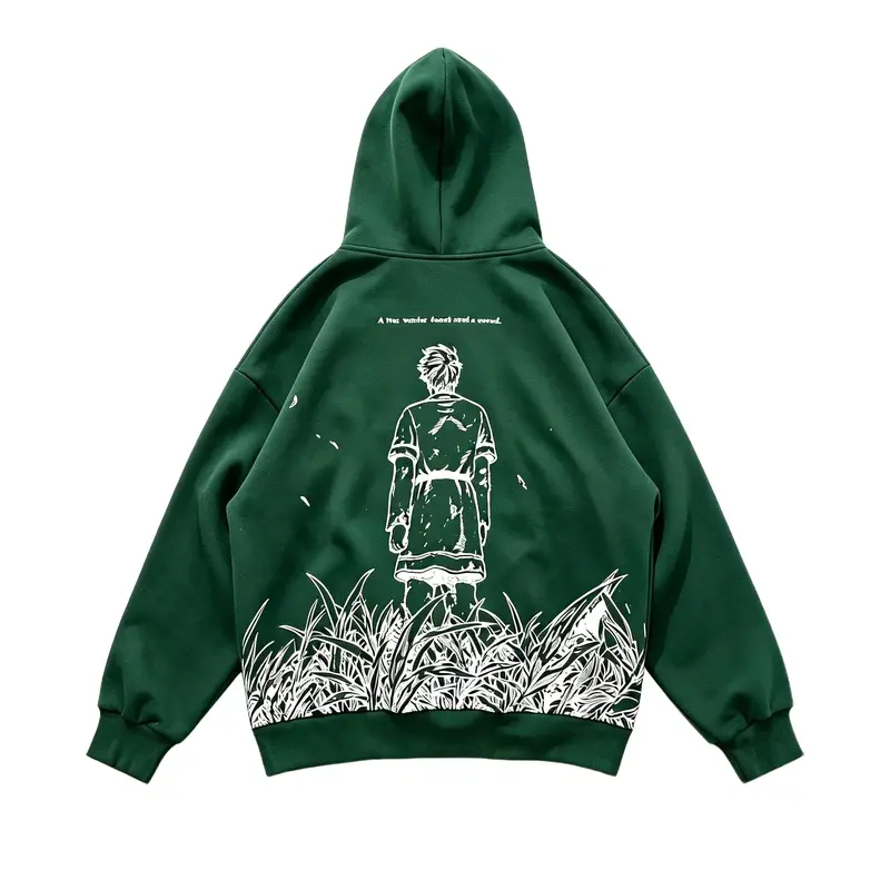 Men's Vinland Saga Anime-Inspired Thorfinn Printed Hoodie - Forest Green Long-Sleeve Embroidered Sweatshirt, Comfortable Casual Winter Streetwear Tops with Perfect Fit for Otaku Finds, No Excess Bulk