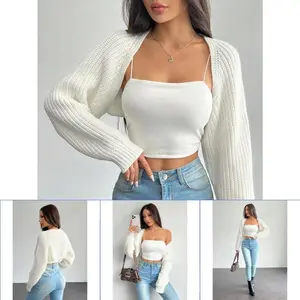 Women's Ribbed Knit Shrug Crop Cardigan �C Balletcore Style Raglan Sleeve Sweater for Layered Outfits, Fall or Spring Wear Tops White Casual Knitwear Womenswear Basic Minimalist Short Knitting Fabric Can be paired with women's windbreakers and raincoats