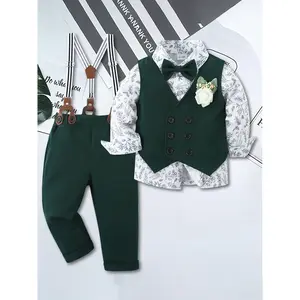 4pcs Boys Fashion Printed Gentleman Clothing Boys Classic Bib Pants Gentleman Suit Suit Infant And Toddler Holiday Party Wedding Dress Long Sleeve Shirt, Vest, Bib Pants, Bow Tie 1-5Y Soft And Comfortable Boys Clothing