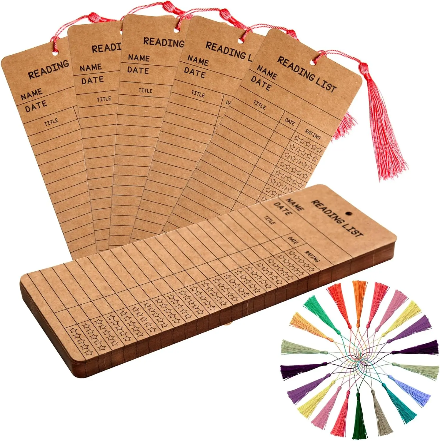 50 Pcs Reading List Bookmarks with Tassels – 3x8” Book Tracker & Log for Students, Teachers, Book Lovers – Graduation, Holiday, & Back-to-School Gift Set (Brown) KaloTidy