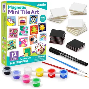 Magnetic Mini Tile Art DIY Craft Kit Design and Paint Magnet Tiles Kids Paint Arts & Crafts Project Includes 12 Tile Magnets 8 Paint Colors 2 Brushes Marker Fun Ceramic Tile Painting Kit