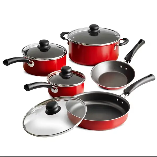 9-Piece Nonstick Cookware Set, Red Pots and Pans with Glass Lids, Stackable Kitchen Cookware