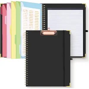 Clipboard Folio with Refillable Lined Notepad for 11" x 8.5" Letter Size, 5 Dividers with 10 Pockets, Elastic Pen Holder and File Folder Labels, Spiral Nurse Clipboard Artboard (Black)