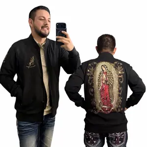 Jacket Virgencita de Guadalupe Rhinestone Black Long Sleeve Menswear Coats Elegant Design with Rhinestone Embellishment for Versatile Wear and Comfortable Outfit