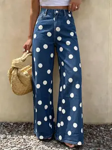 Spring Summer New High-Waisted Elastic Women's Jeans, Casual Wide Leg Pants, Polka Dot Design, Fitted Long Regular Fit, Everyday Womenswear